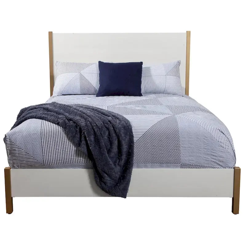 Lit panneau de bois blanc avec tête de lit rembourrée, 1-2 personnes