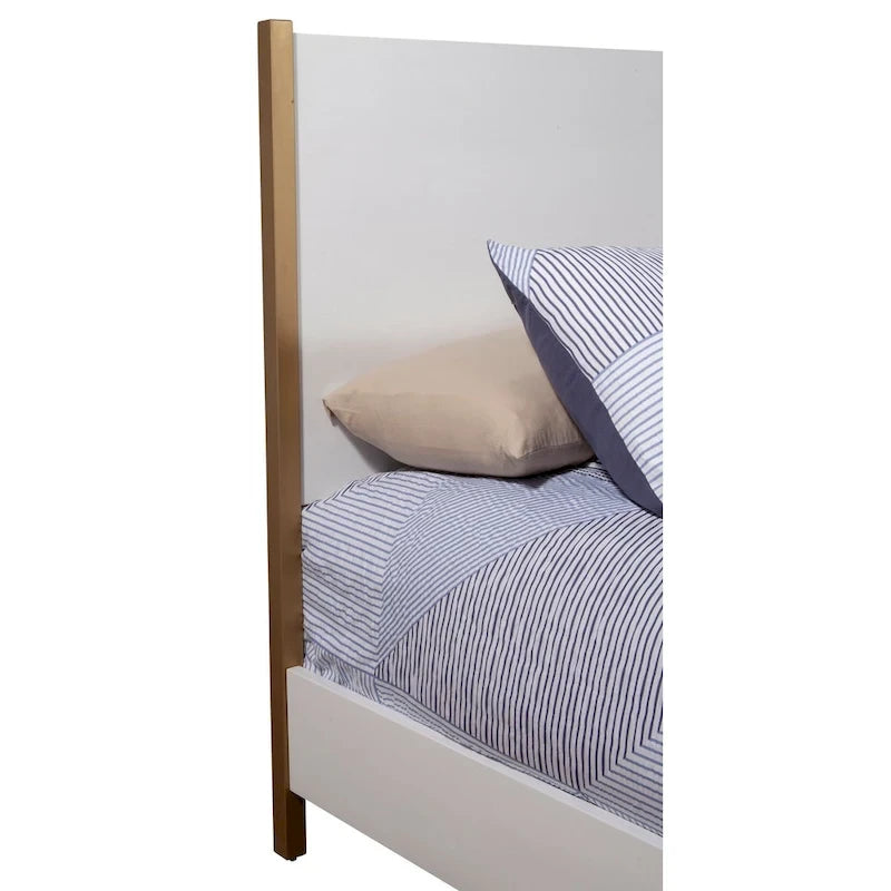 Lit panneau de bois blanc avec tête de lit rembourrée, 1-2 personnes