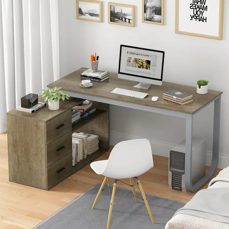 55" L-Shaped Corner Desk with Drawer & Shelf – Brown/Black, Single-Person