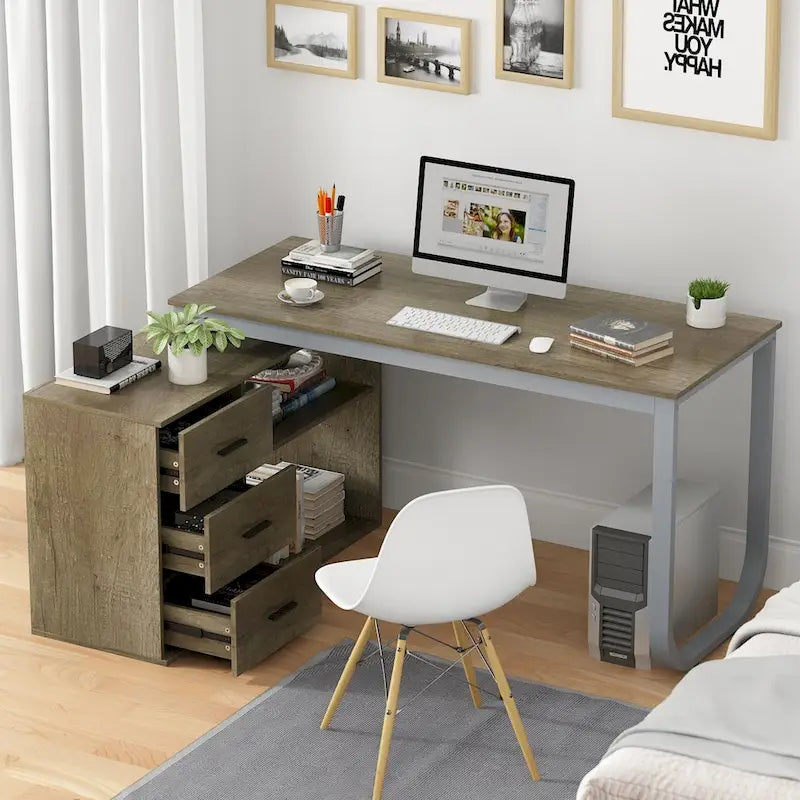 55" L-Shaped Corner Desk with Drawer & Shelf – Brown/Black, Single-Person