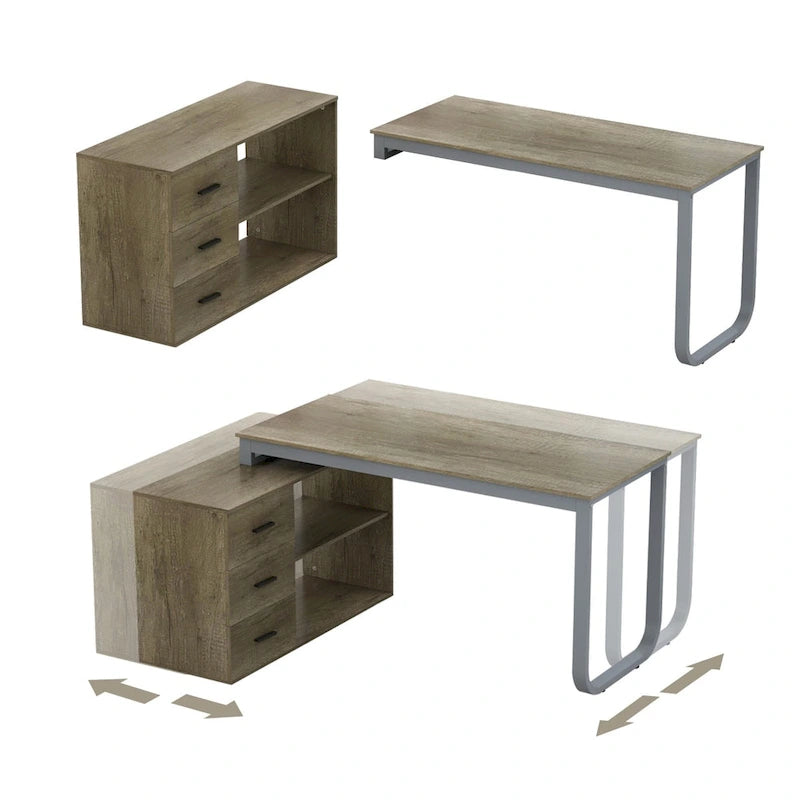 55" L-Shaped Corner Desk with Drawer & Shelf – Brown/Black, Single-Person