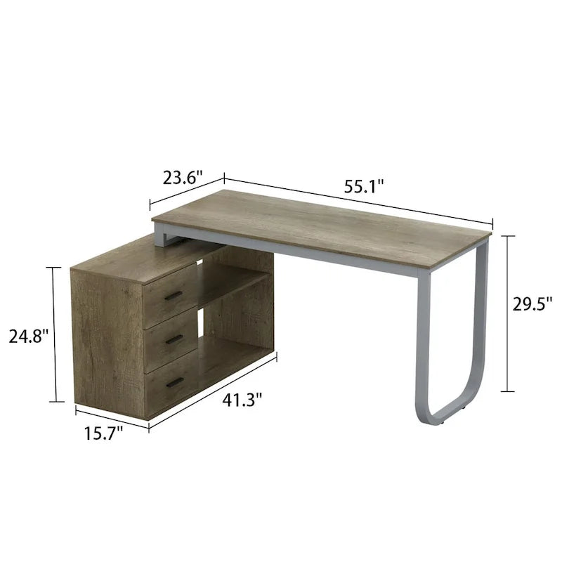 55" L-Shaped Corner Desk with Drawer & Shelf – Brown/Black, Single-Person