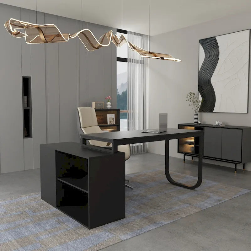 55" L-Shaped Corner Desk with Drawer & Shelf – Brown/Black, Single-Person