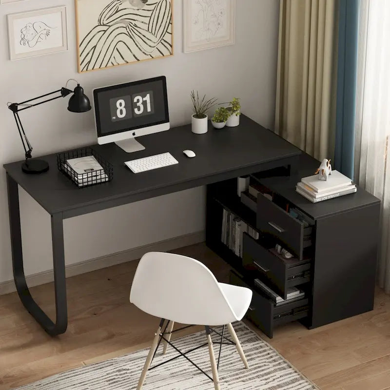 55" L-Shaped Corner Desk with Drawer & Shelf – Brown/Black, Single-Person