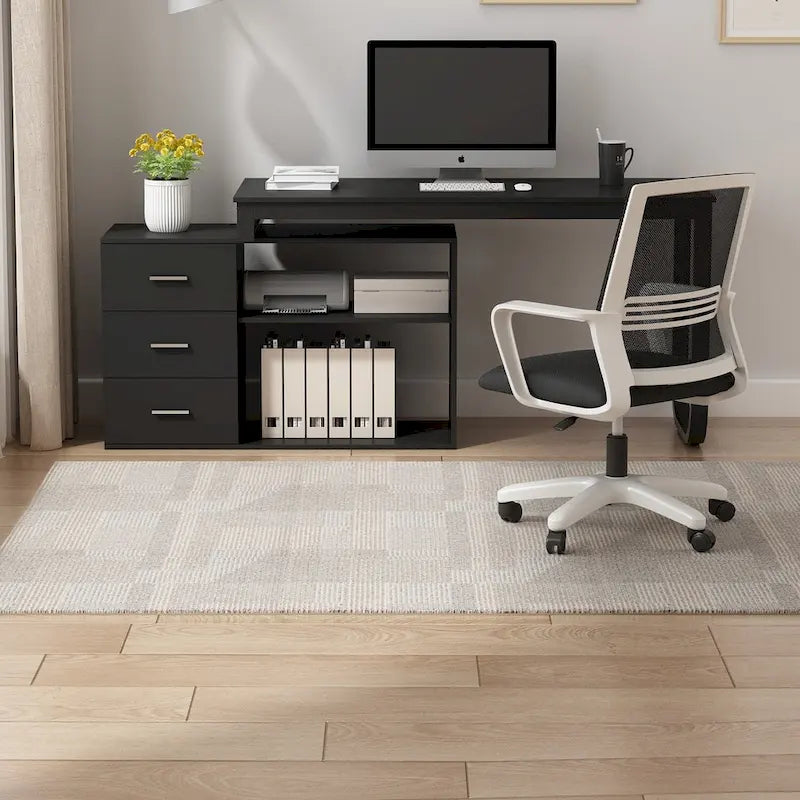 55" L-Shaped Corner Desk with Drawer & Shelf – Brown/Black, Single-Person