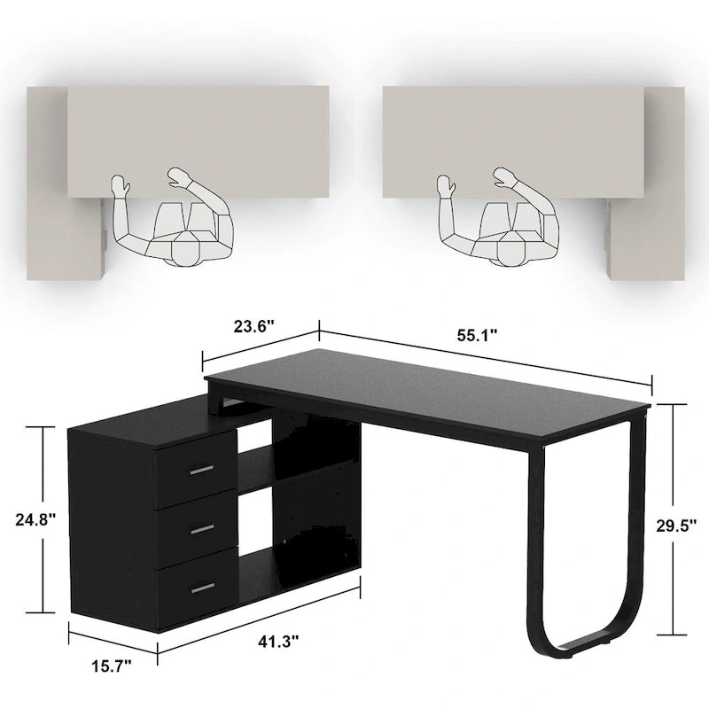 55" L-Shaped Corner Desk with Drawer & Shelf – Brown/Black, Single-Person