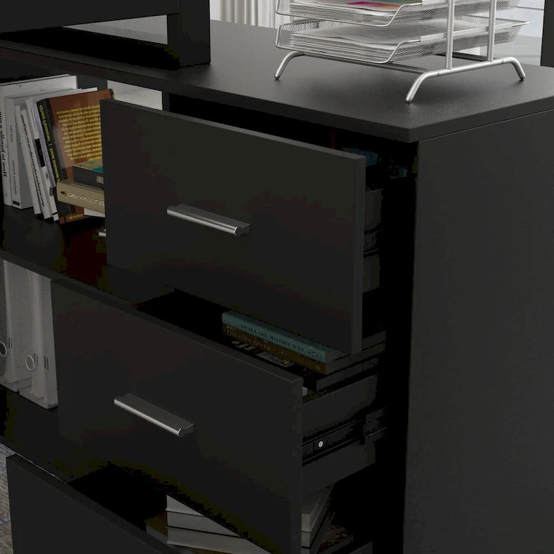55" L-Shaped Corner Desk with Drawer & Shelf – Brown/Black, Single-Person
