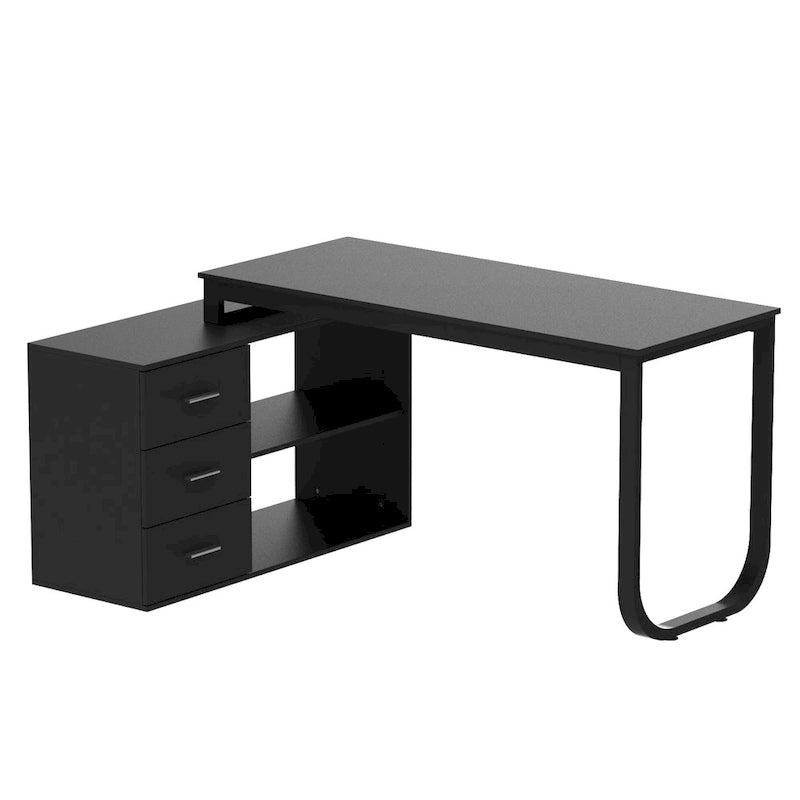 55" L-Shaped Corner Desk with Drawer & Shelf – Brown/Black, Single-Person