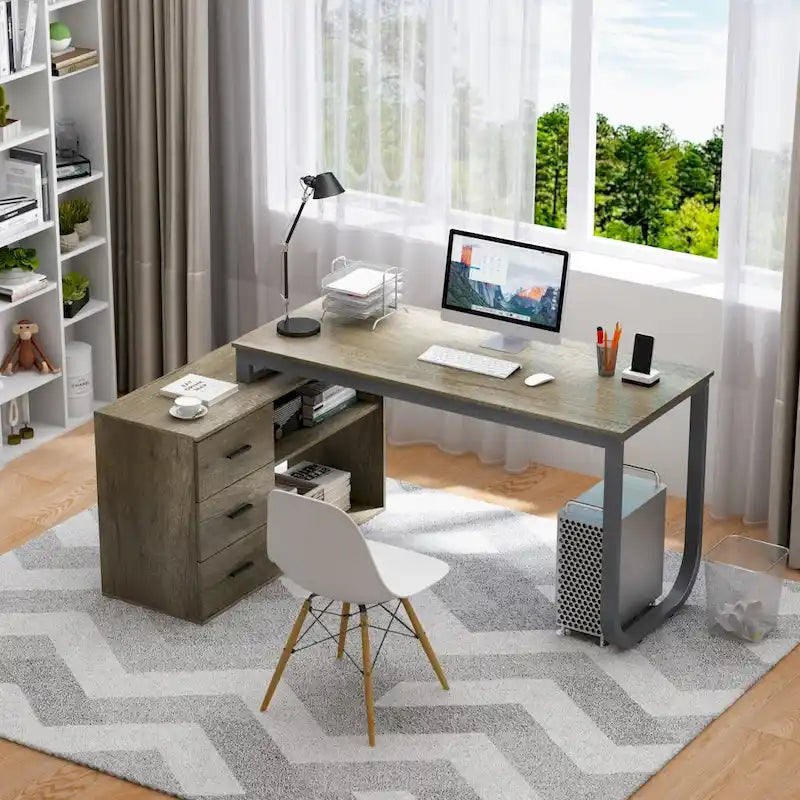 55" L-Shaped Corner Desk with Drawer & Shelf – Brown/Black, Single-Person