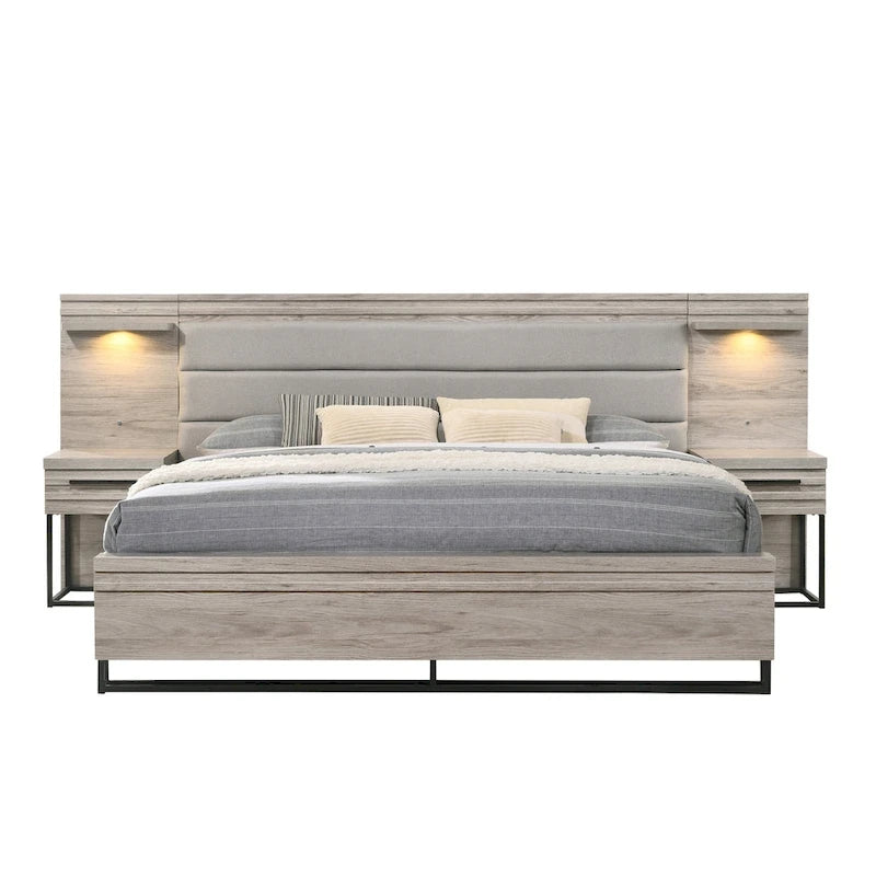 Gray Upholstered Platform Bed with LED Pier Lights & 2 Nightstands, For 1–2 People (King/Queen)