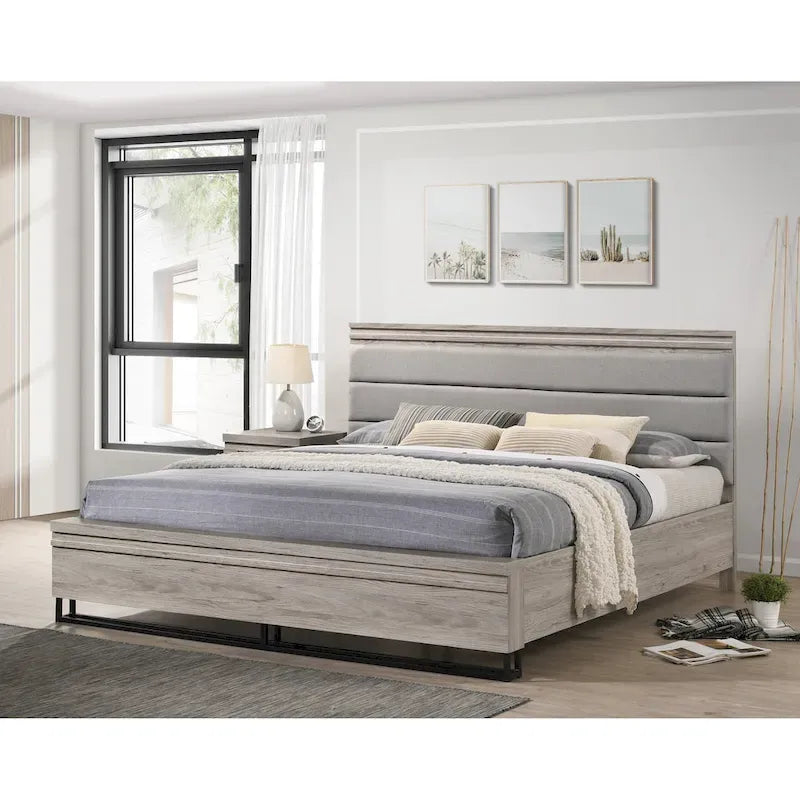 Gray Upholstered Platform Bed with LED Pier Lights & 2 Nightstands, For 1–2 People (King/Queen)