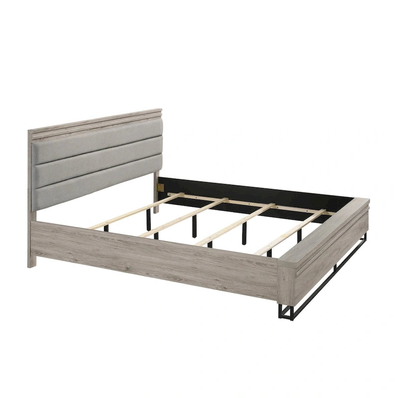 Gray Upholstered Platform Bed with LED Pier Lights & 2 Nightstands, For 1–2 People (King/Queen)