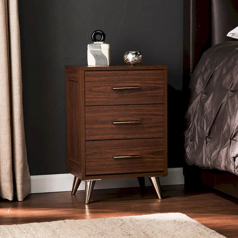 White/Walnut/Espresso Mid-Century 3-Drawer Nightstand, Single