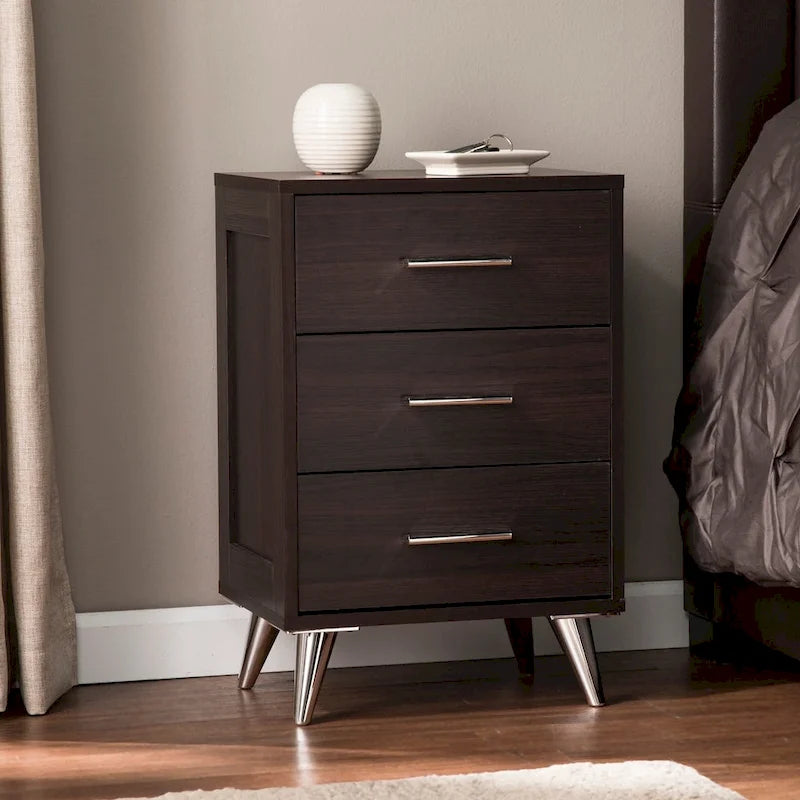 White/Walnut/Espresso Mid-Century 3-Drawer Nightstand, Single