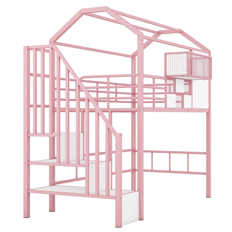 Lit mezzanine en métal noir, style maison, jumeau, 1 personne