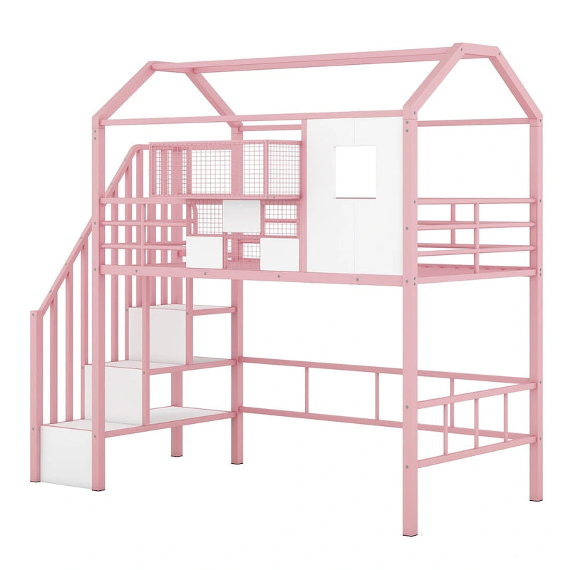 Lit mezzanine en métal noir, style maison, jumeau, 1 personne
