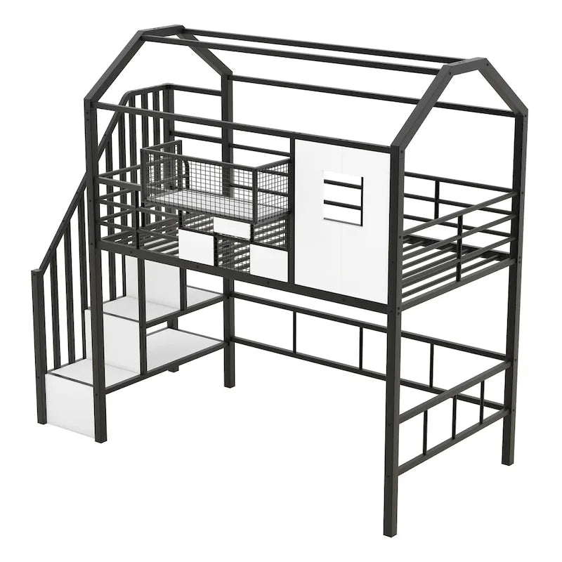 Lit mezzanine en métal noir, style maison, jumeau, 1 personne