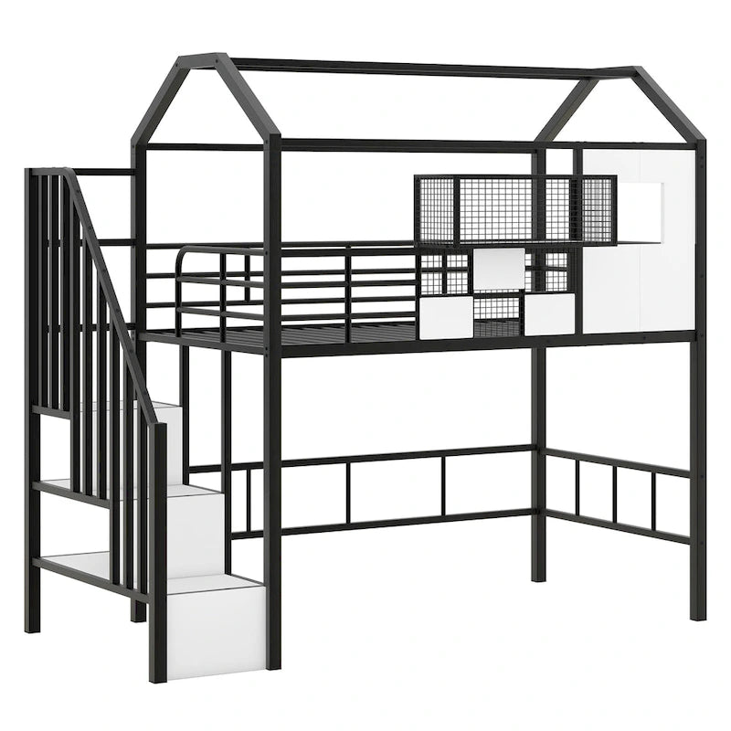 Lit mezzanine en métal noir, style maison, jumeau, 1 personne