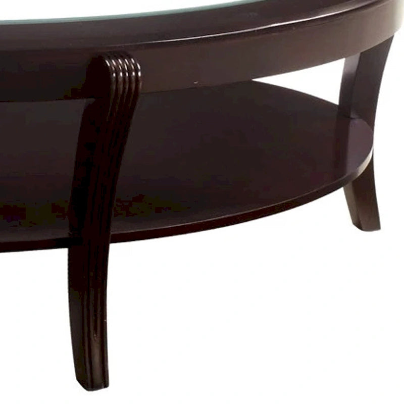 Espresso Brown Oval Glass-Top Cocktail Table with Open Shelf, 1-Piece