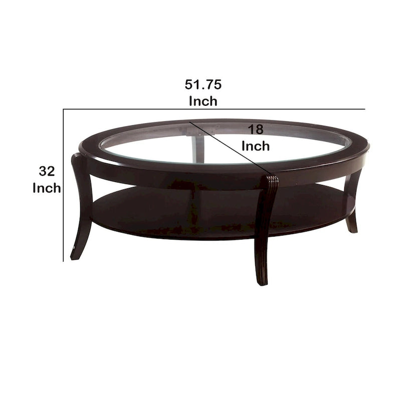 Espresso Brown Oval Glass-Top Cocktail Table with Open Shelf, 1-Piece