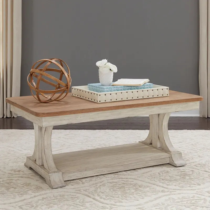 Antique White & Chestnut Rectangular Cocktail Table, Wood Top, 1-Person Use