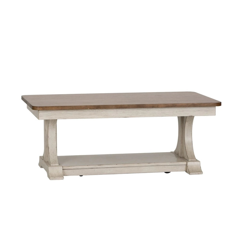 Antique White & Chestnut Rectangular Cocktail Table, Wood Top, 1-Person Use
