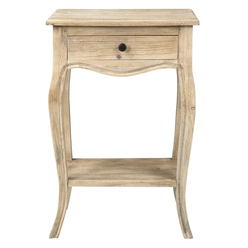 Natural Solid Wood Side Table with Drawer, Rustic Style, 1-Person
