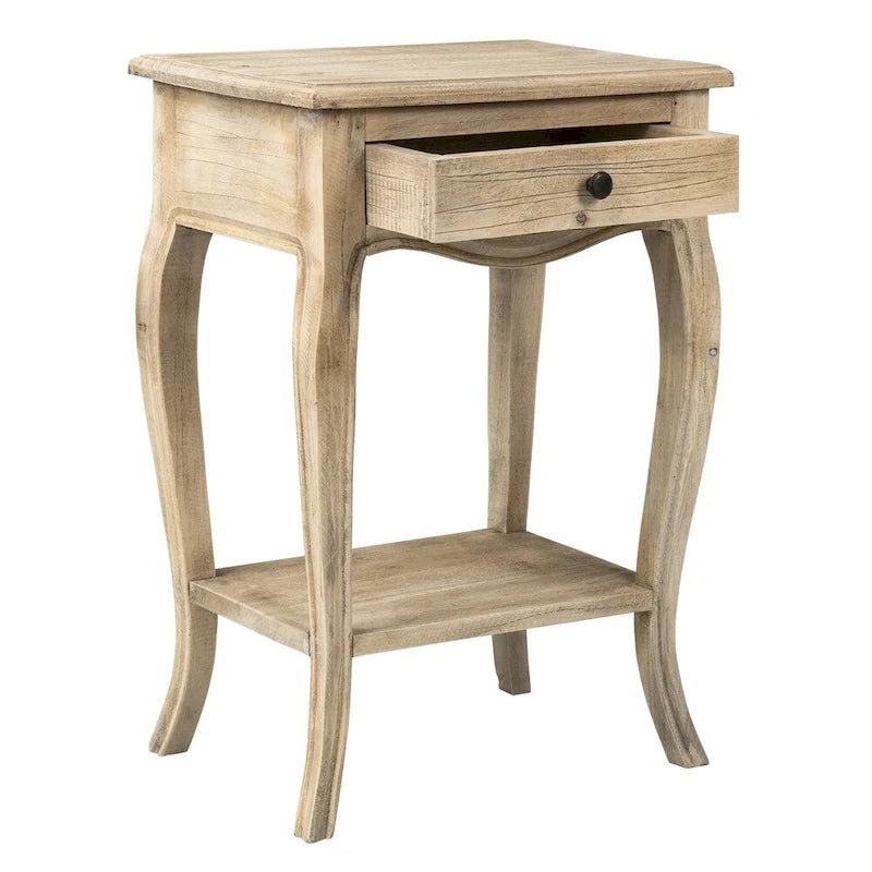 Natural Solid Wood Side Table with Drawer, Rustic Style, 1-Person