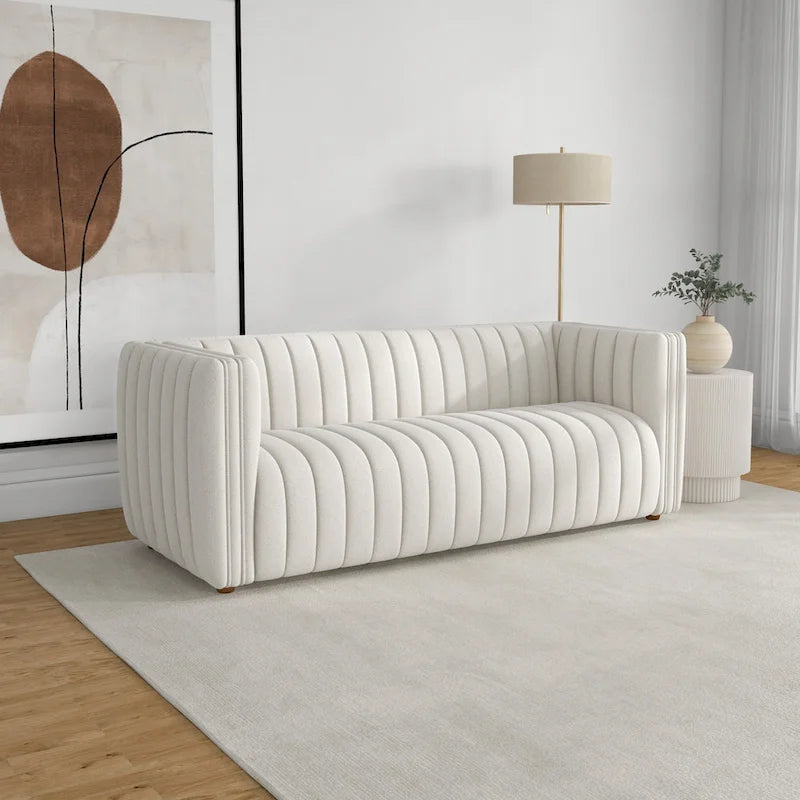 Rasam Mid Century Modern Luxury Tight Tufted Back French Boucle Couch in Cream