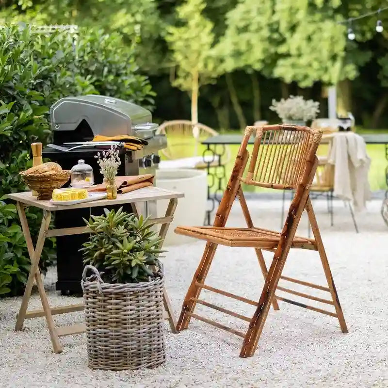 Chaise de salle à manger pliante en rotin et bambou marron, intérieur/extérieur, à l'unité/par lot de 4