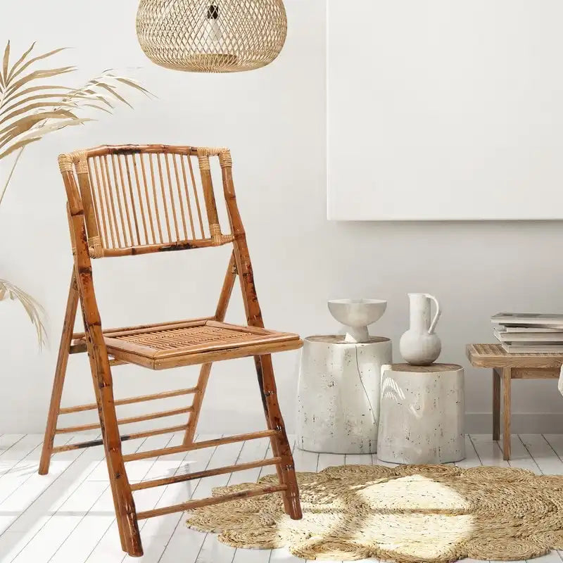 Chaise de salle à manger pliante en rotin et bambou marron, intérieur/extérieur, à l'unité/par lot de 4