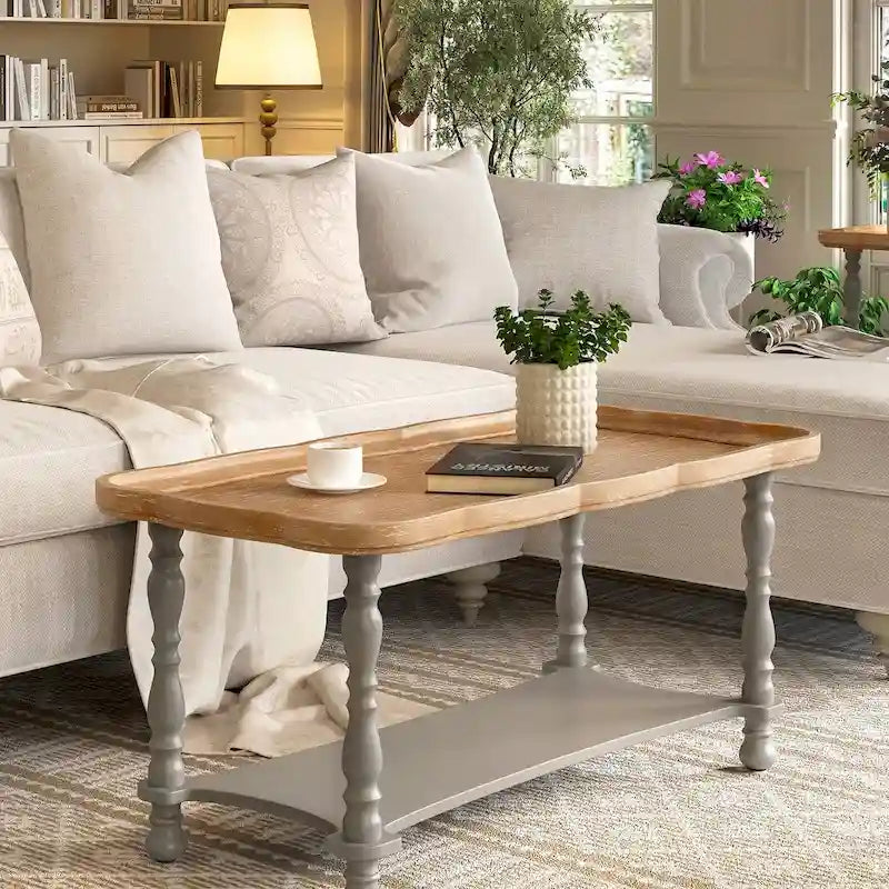 Grey/Beige Square Coffee Table with Tray Top and Lower Shelf