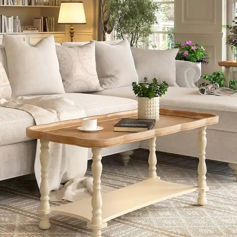 Grey/Beige Square Coffee Table with Tray Top and Lower Shelf