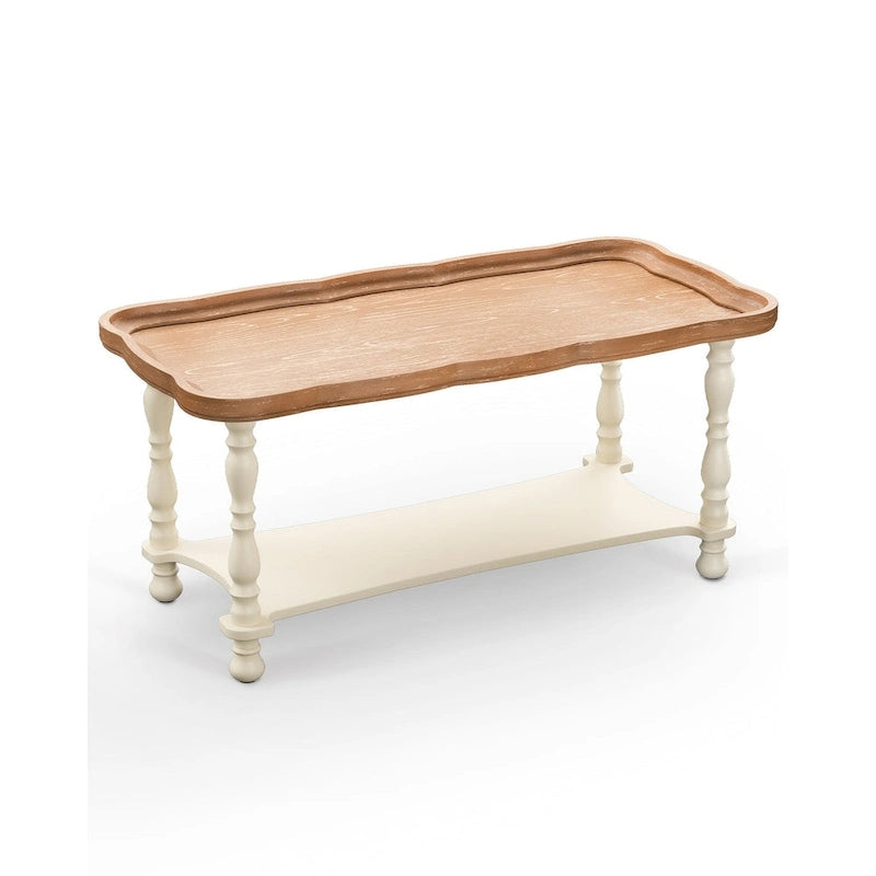 Grey/Beige Square Coffee Table with Tray Top and Lower Shelf