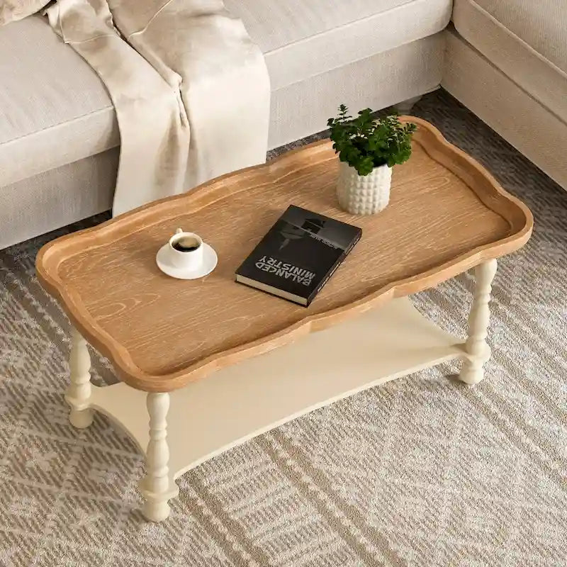 Grey/Beige Square Coffee Table with Tray Top and Lower Shelf