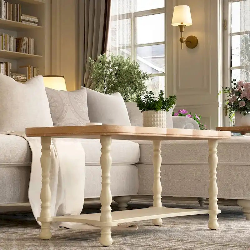 Grey/Beige Square Coffee Table with Tray Top and Lower Shelf