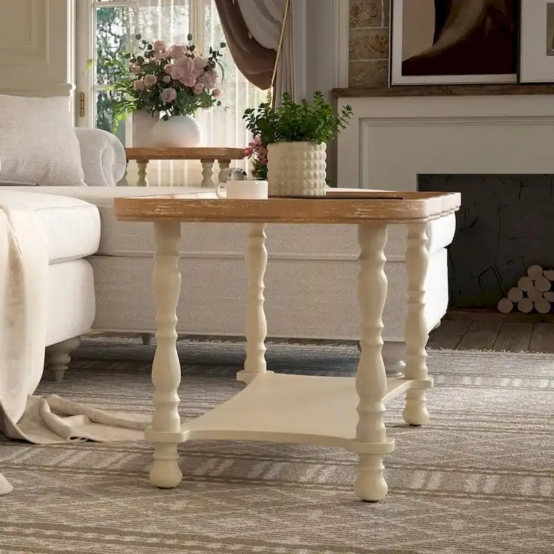 Grey/Beige Square Coffee Table with Tray Top and Lower Shelf