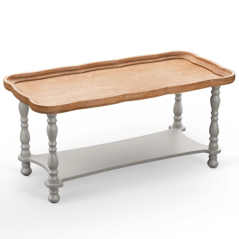Grey/Beige Square Coffee Table with Tray Top and Lower Shelf