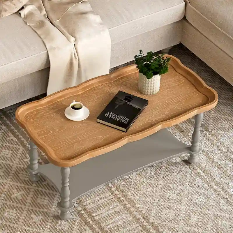 Grey/Beige Square Coffee Table with Tray Top and Lower Shelf