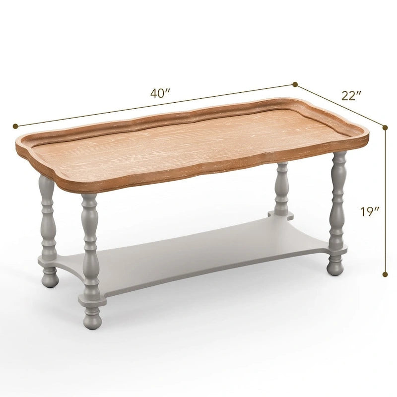 Grey/Beige Square Coffee Table with Tray Top and Lower Shelf