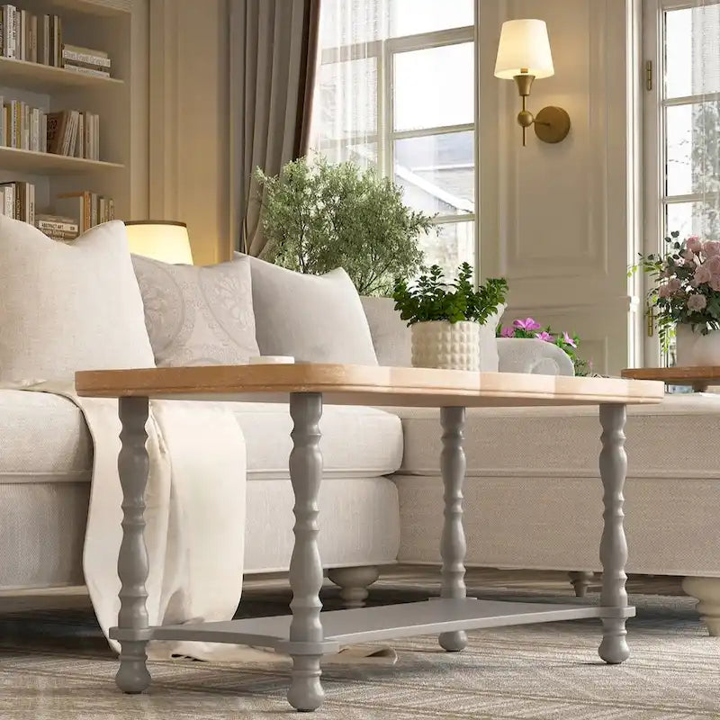 Grey/Beige Square Coffee Table with Tray Top and Lower Shelf