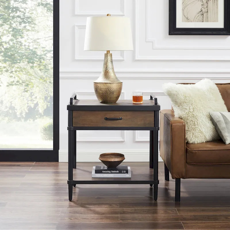Walnut Mid-Century Side End Table with Drawer & Shelf