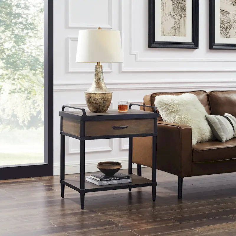 Walnut Mid-Century Side End Table with Drawer & Shelf