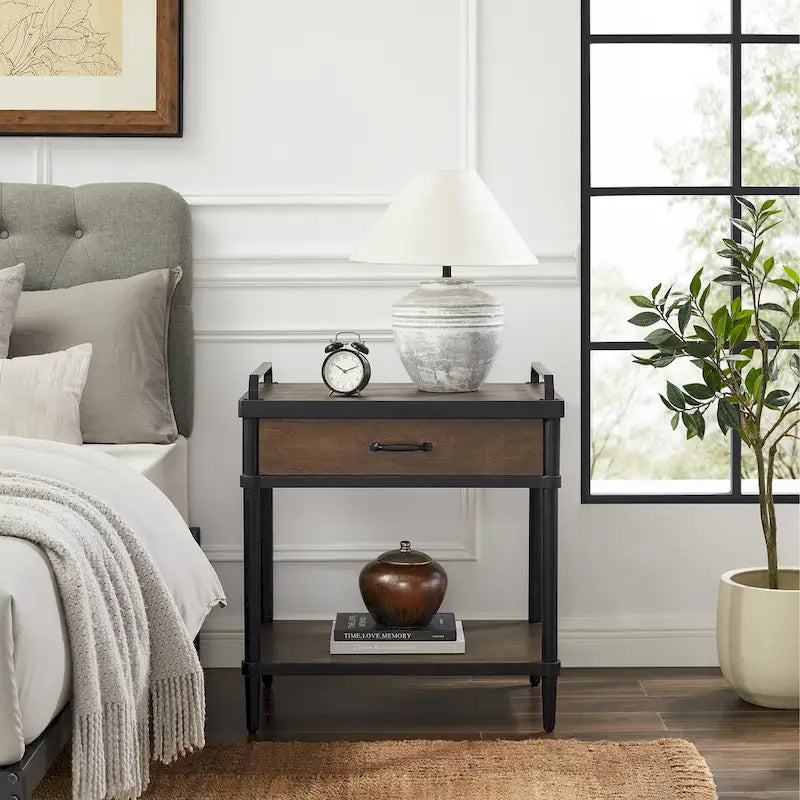 Walnut Mid-Century Side End Table with Drawer & Shelf
