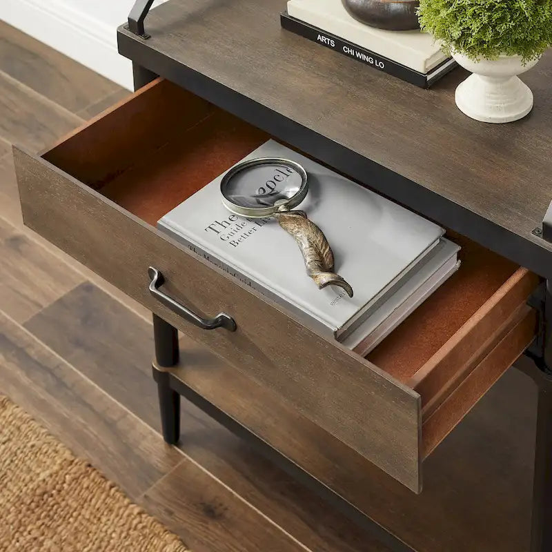 Walnut Mid-Century Side End Table with Drawer & Shelf