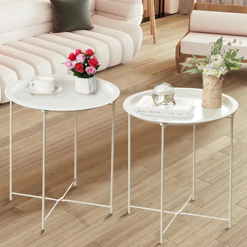 Grey / Beige Round Metal Side Table with Removable Tray, Set of 1 or 2