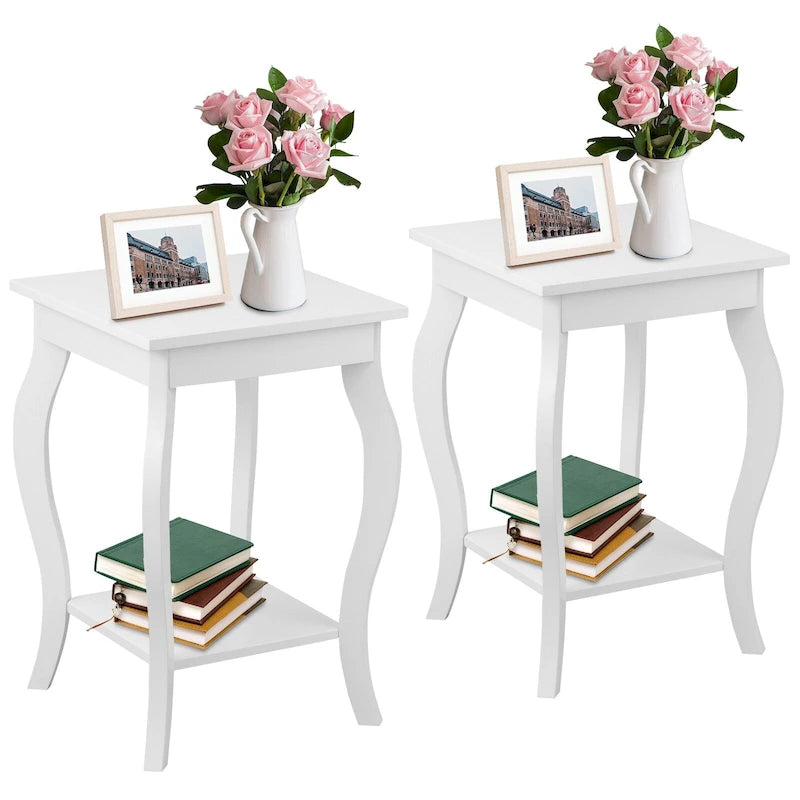 Lot de 2 tables d'appoint blanches à pieds galbés avec étagère