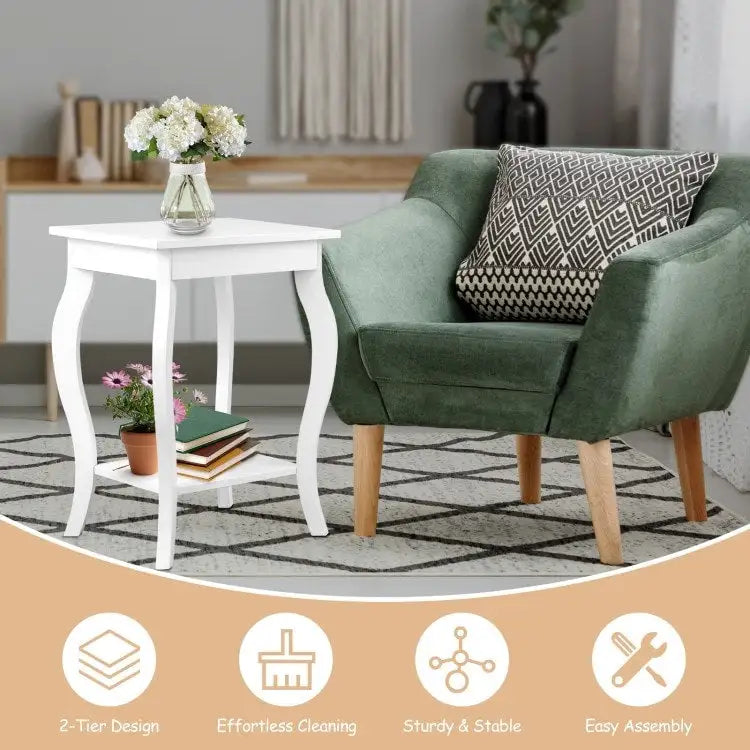 Lot de 2 tables d'appoint blanches à pieds galbés avec étagère