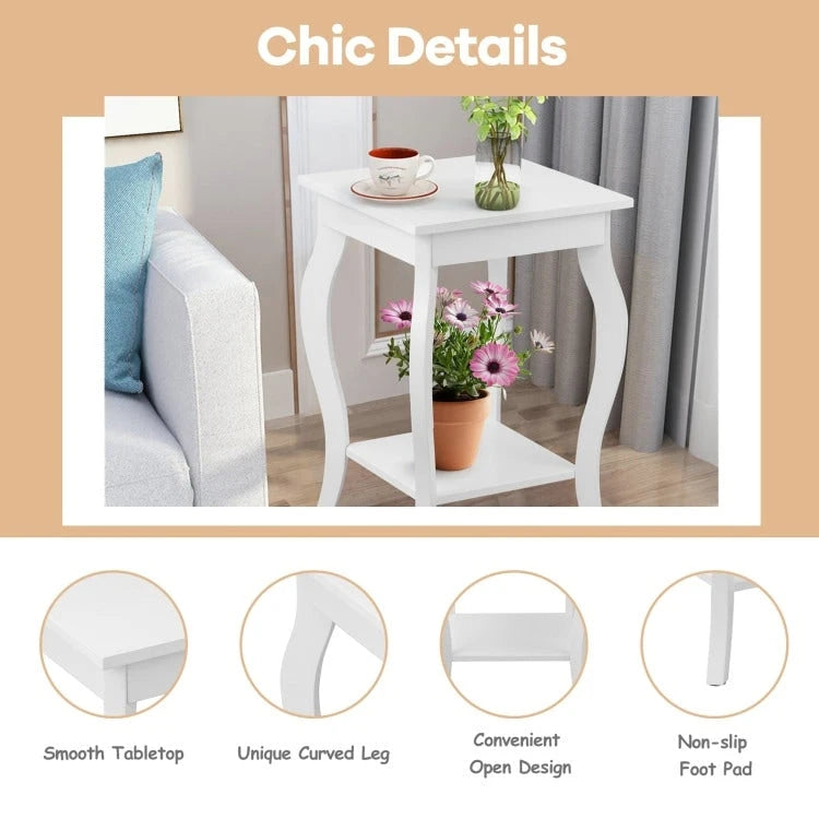 Lot de 2 tables d'appoint blanches à pieds galbés avec étagère