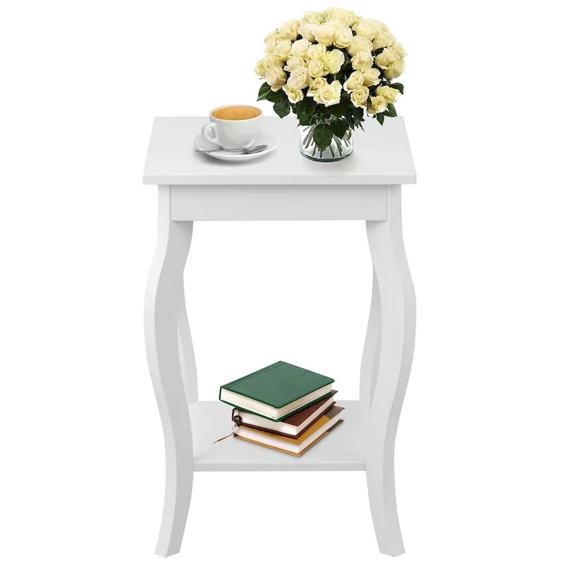 Lot de 2 tables d'appoint blanches à pieds galbés avec étagère